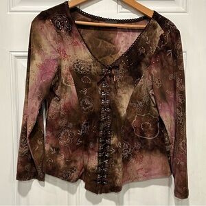 Brown Floral Renaissance peasant-themed boho blouse, lace-up front